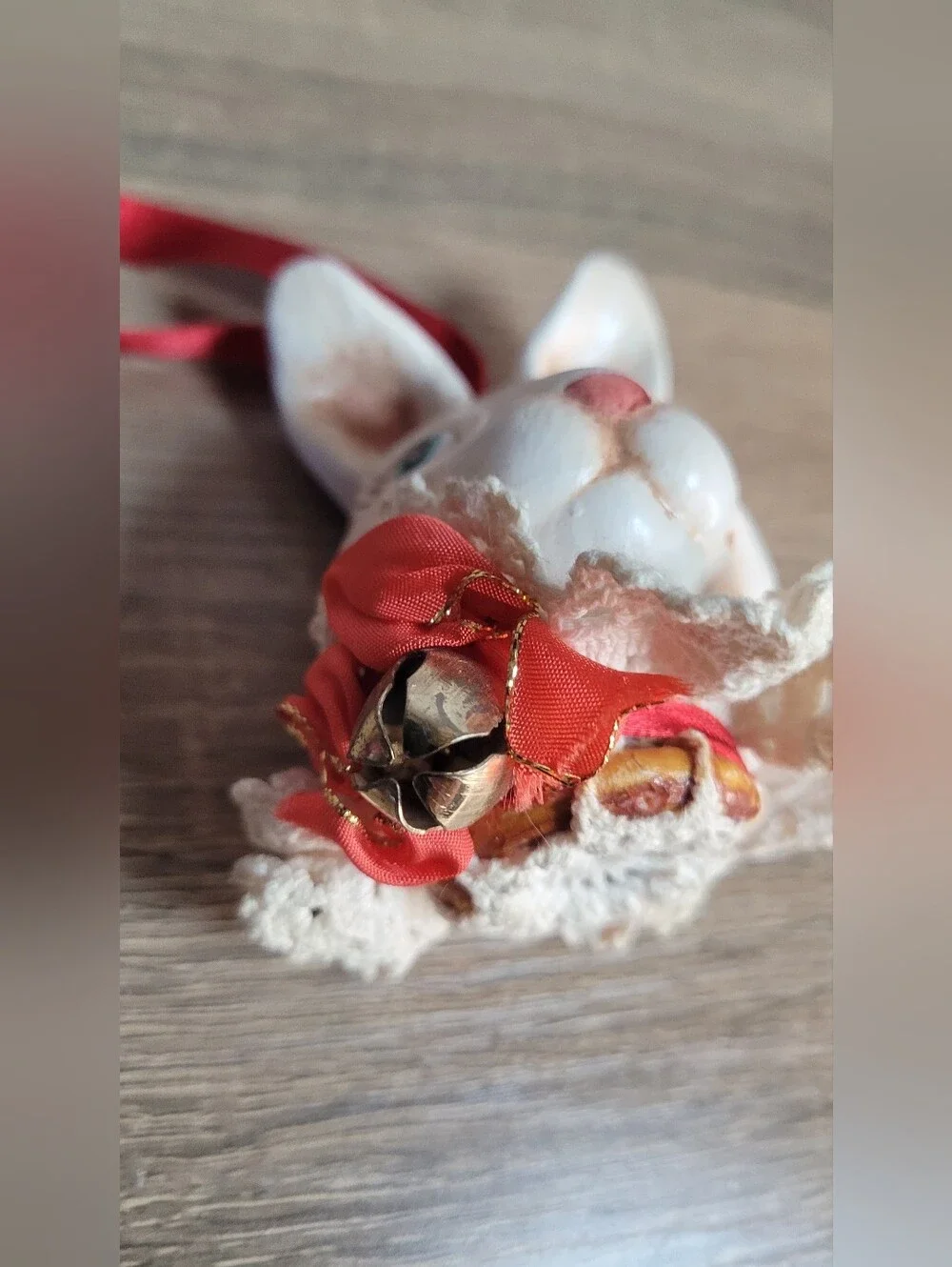 Vintage Whimsical Hand-Painted Bunny Rabbit Ornament W/ Lace Collar Farmhouse